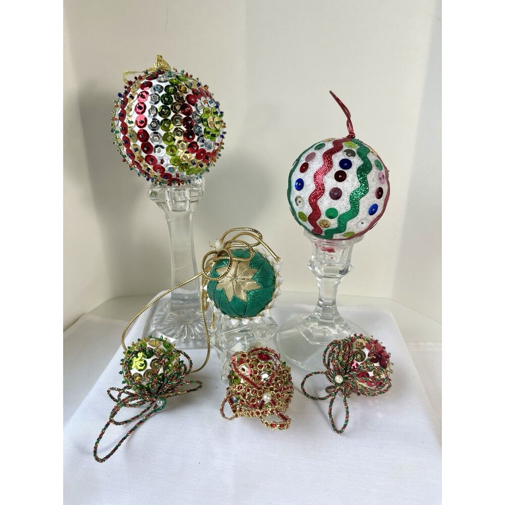 Set of 6 Push Pin Art ~ Sequin ~ Ribbon Christmas Ornaments ~Handmade Vtg